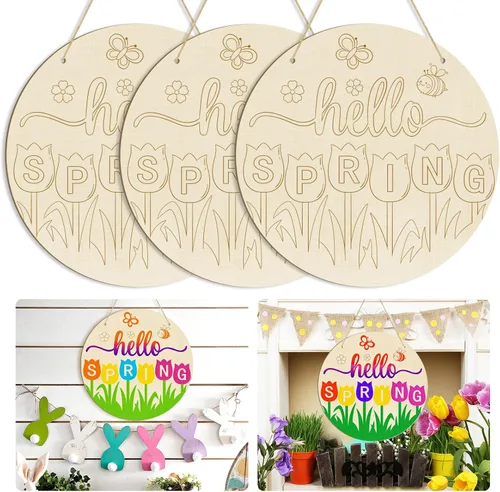 Vista 22 de Adornos de Pascua de Madera de Gran Tamaño de 12 Pulgadas para Pintar, Conejo de Madera DIY en Blanco Discos Redondos Sin Terminar Adorno Letrero