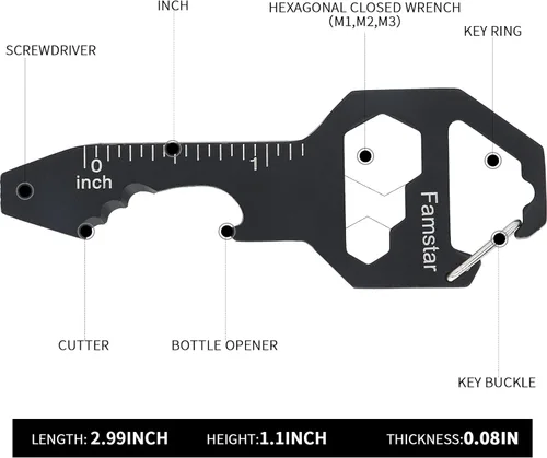 Vista 2 de Famstar Llavero multiherramienta, paquete de 3 herramientas de bolsillo de metal, portátil, llave sin óxido para tornillo, regla y abridor