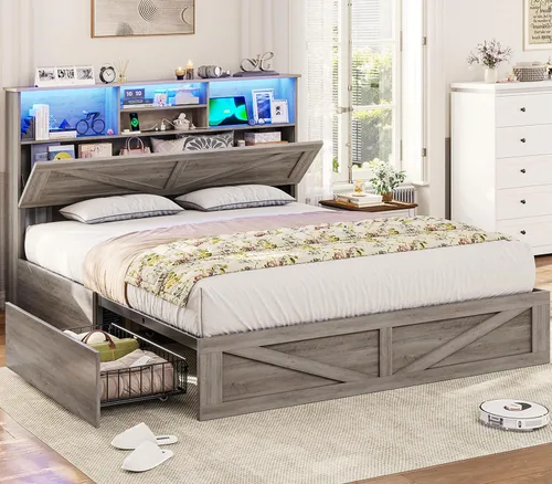 VIAGDO Bastidor de cama estilo granja tamaño completo con cabecero de almacenamiento tipo librero, estación de carga y luces LED, bastidor de cama
