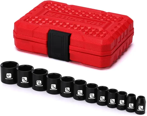 MIXPOWER Juego de 12 llaves de vaso de impacto poco profundas de 3/8 pulgadas, 5/16 a 1 pulgada, CR-V, SAE, 6 puntos, poco profundo, 12 piezas de