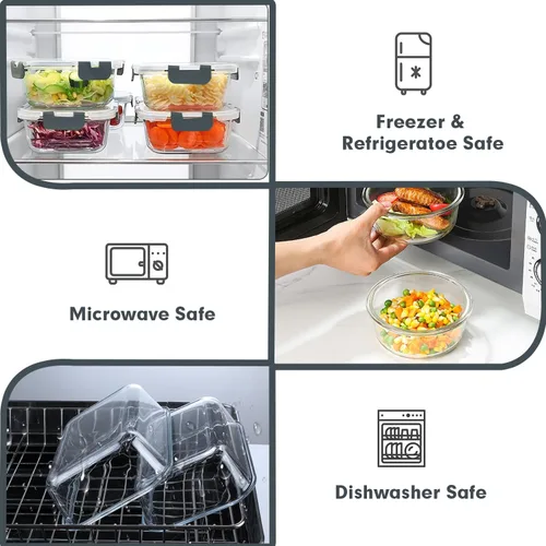 Vista 3 de VERONES Juego de 30 recipientes de vidrio para preparación de comidas, contenedores apilables de almacenamiento de alimentos con tapas, recipientes