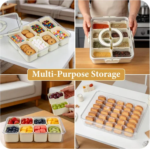 Vista 9 de Contenedor de caja de aperitivos, bandeja dividida para servir con tapa y asa para aperitivos, verduras, dulces, nueces, frutas, portátil