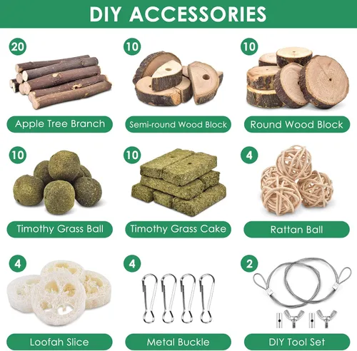Vista 2 de KATUMO Juguetes masticables de conejo, 74 piezas de bricolaje para hámster, kit de masticar para el cuidado de los dientes de conejo, juguetes