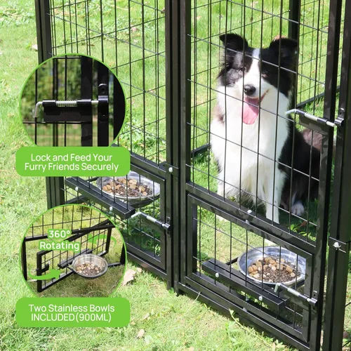 Vista 3 de Perrera para perros al aire libre de 8 x 4 x 6 pies con techo y soportes giratorios para tazones, recinto grande de metal para perros, casa