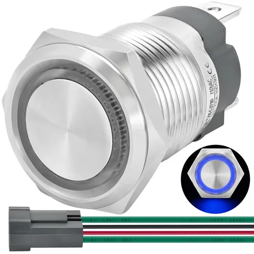Vista 12 de Interruptor de botón de enclavamiento ZJWZJH de 15 amperios, 16 mm, resistente al agua IP67, 12 V CC, 24 V de encendido y apagado, SPST, luz LED Azul