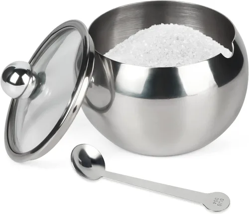 asika Azucarero, azucarero de acero inoxidable con tapa transparente y cuchara, recipiente pequeño para condimentos en forma de tambor para el hogar