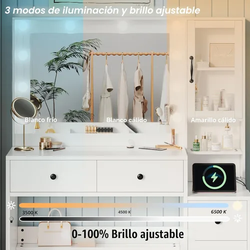 Vista 3 de Tocador de maquillaje con luces y estación de carga, mesa de tocador blanca con 5 cajones y estantes de almacenamiento abiertos, escritorio