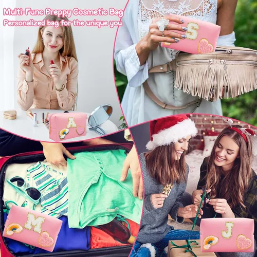 Vista 5 de Bolsa de Maquillaje Preppy, Estuche de Lápices de Cuero PU Premium Impermeable Bolsa de Cosméticos con Sonrisa Corazón Arcoíris Linda Bolsa