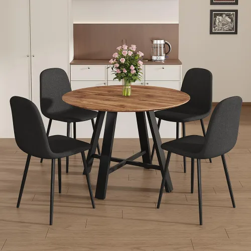 Vista 8 de Juego de 4 mesas de comedor redondas de 42 pulgadas para 4, sillas de mesa de cocina modernas, juego de 4 sillas tapizadas de madera con patas