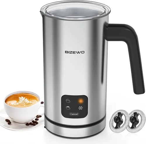 BIZEWO Espumador de leche eléctrico, vaporizador de leche caliente y fría, calentador de leche automático 4 IN 1 de acero inoxidable con pantalla