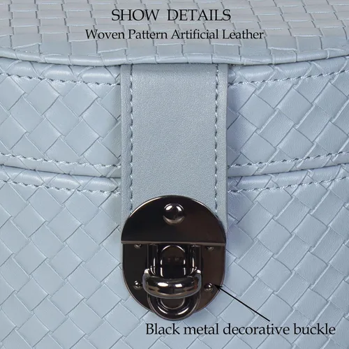 Vista 4 de Juego de 2 cajas decorativas redondas de cuero artificial azul con hebilla decorativa negra para decoración del hogar