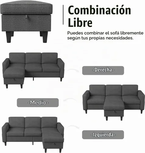 Vista 7 de ZeeFu Sofá para sala de estar – Sofá seccional en forma de L de lino beige de 78 pulgadas con otomana de almacenamiento – Moderno sofá tapizado