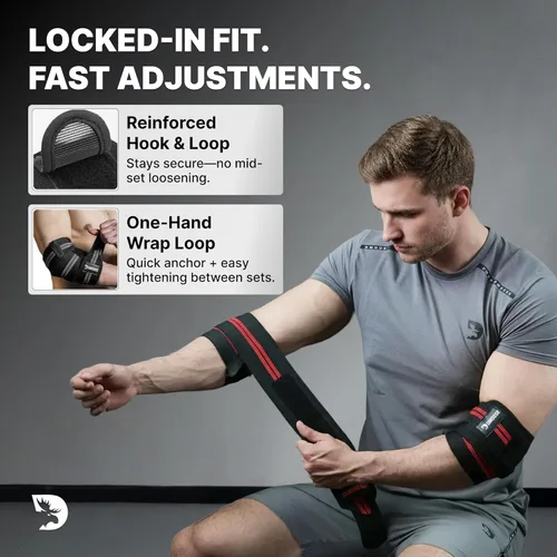 Vista 6 de DMoose Fitness Elbow Wraps for Weightlifting (Pair) - 40'' Adjustable Strap for Gym Workout & Bench Press, Compression Elbow Sleeves for Tendonitis