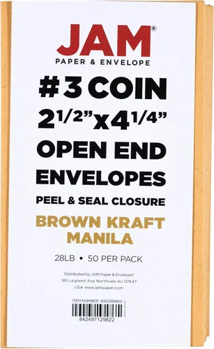 Vista 6 de JAM PAPER Sobres comerciales para negocios de monedas #3 con cierre de despegar y sellar, 2 1/2 x 4 1/4 pulgadas, papel kraft marrón Manila, 50