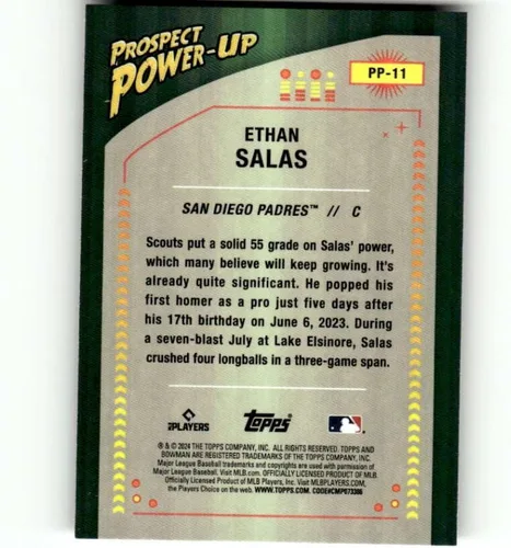 Vista 2 de 2024 Bowman Chrome Mega Box Mojo Prospect Power-Up Refractor #PP-11 Ethan Salas RC Novato San Diego Padres MLB Béisbol Tarjeta de intercambio