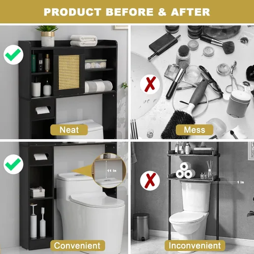 Vista 12 de Armario de almacenamiento de 6 niveles sobre el inodoro, estante independiente para ahorrar espacio sobre el inodoro con estantes ajustables, puerta