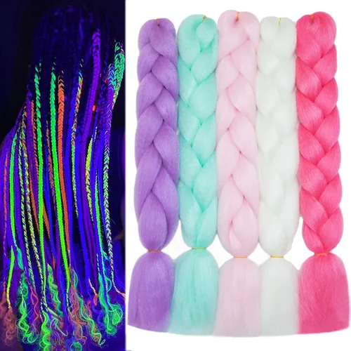 Cabello trenzado colorido jumbo preestirado que brilla en la oscuridad, 24 pulgadas, 5 piezas de cabello trenzado de color luminoso