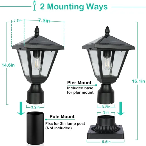 Vista 7 de Luces solares de poste de metal y vidrio, luces solares de poste del atardecer al amanecer con base de montaje en muelle, luces exteriores de 6000 K