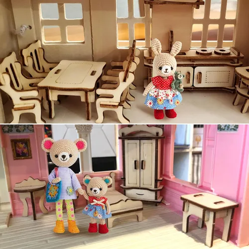 Vista 5 de LOVEINUSA Conjunto de muebles de casa de muñecas de madera, accesorios de habitación en miniatura del rompecabezas 3D, madera natural