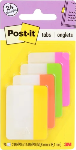 Post-it – Etiquetas con pestañas, 2 pulgadas, sólidas, colores brillantes surtidos, 6 pestañas/color, 4 colores, 24 pestañas/paquete (686-PLOY)