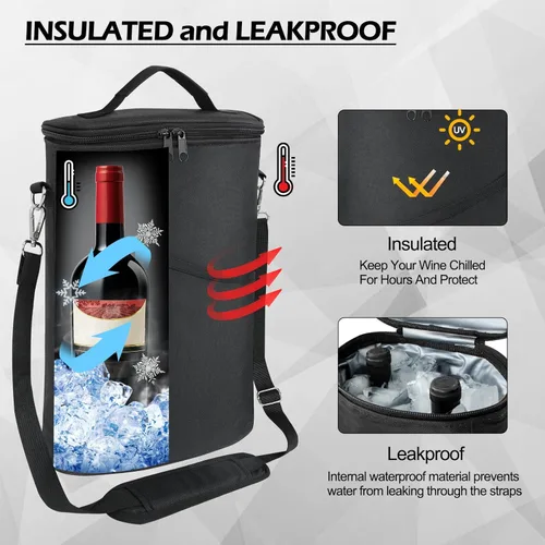 Vista 3 de Bolsa enfriadora de vino para 2 botellas, a prueba de fugas, acolchada, con asa y correa de hombro ajustable, para viajes, degustación de vinos