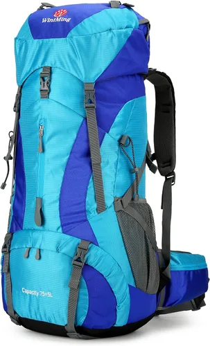 Mochila de senderismo para hombres y mujeres, 70L+5L, impermeable, ligera, mochila de camping con cubierta de lluvia para viajes al aire libre Azul