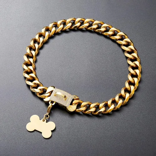 Vista 5 de Collar de acero inoxidable con eslabones de oro cubano resistente para perros pequeños, medianos y grandes, collar de perro de bulldog francés