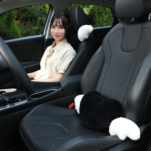 Vista 3 de Paquete de 2 almohadas para reposacabezas de automóvil en forma de corazón con alas de ángel, cómodo cojín suave para reposacabezas kawaii