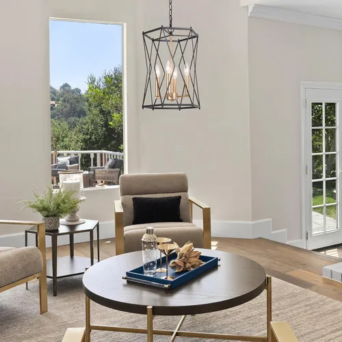 Vista 5 de Durent Lighting Lámpara de araña negra y dorada, moderna lámpara de araña de 4 luces con forma de jaula para comedor, dormitorio, sala de estar