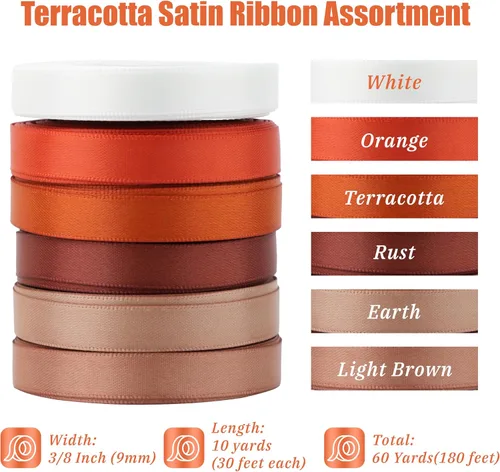Vista 2 de Cinta de satén terracota 3/8 pulgadas x 60 yardas, 6 rollos