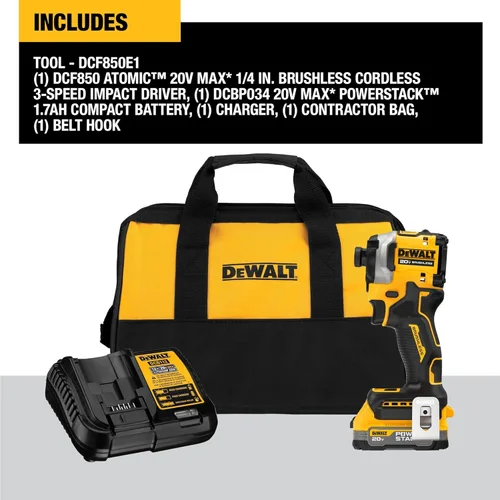 Vista 2 de DEWALT Kit de taladro de impacto inalámbrico ATOMIC de 20 V, 1/4 de pulgada, batería y cargador incluidos (DCF850E1)