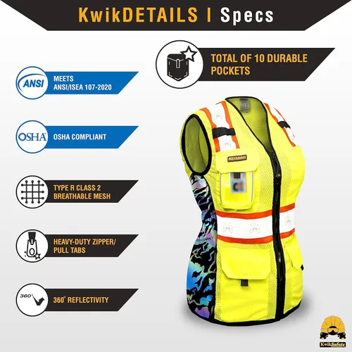 Vista 5 de KwikSafety TIGER QUEEN - Chaleco de seguridad para mujer [amarillo, talla S] + paquete de casco duro de ala completa TORTOISE
