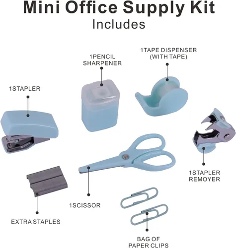 Vista 3 de Kits Mini de Suministros Escolares y de Oficina, Incluye Mini Grapadora, Tijeras, Quitagrapas, Grapas, Dispensador de Cinta (Azul)