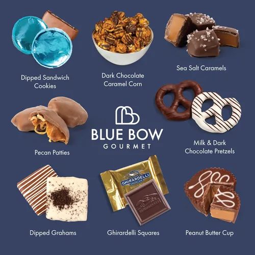 Vista 2 de Blue Bow Gourmet Caja de regalo de surtido de chocolate artesanal para cumpleaños, agradecimiento, regalos empresariales, festivos