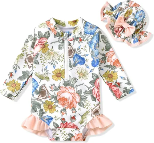 Aalizzwell Traje de baño de una pieza de manga larga con sombrero para bebé niña