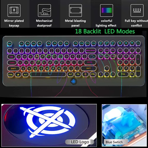 Vista 4 de MK9 Teclado mecánico para juegos RGB Retro Teclado-Interruptor azul retroiluminado LED - Plateado 108 teclas redondas Anti-Ghosting Teclado mecánico