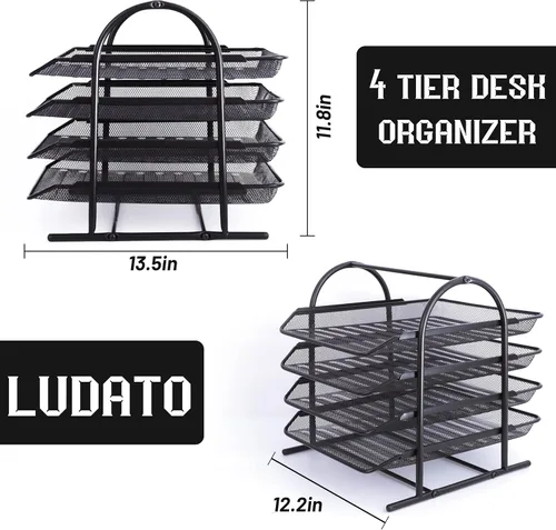 Vista 2 de Ludato 4 - Tier Mesh Metal Desk Organizers and Accessories,Office Supplies Organization Desktop File Organizer Paper Letter Tray Organizer for