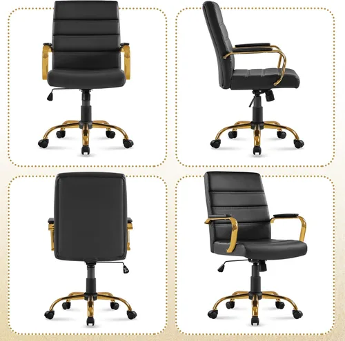 Vista 9 de Topeakmart Silla de escritorio de oficina Silla ejecutiva de cuero sintético ajustable con marco dorado asiento negro