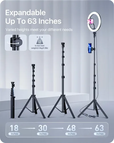 Vista 3 de andobil Anillo de luz de 10 pulgadas con soporte de trípode de 63 pulgadas, anillo de luz LED para selfie con control remoto Bluetooth, soporte