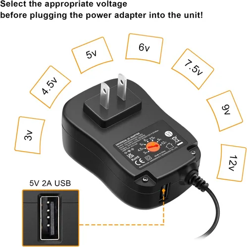 Vista 3 de Powseed 36W 3V 4.5V 5V 6V 7.5V 9V 12V 3A DC Cable de fuente de alimentación con cargador de pared USB 5V 2A 10W para teléfono cámara de seguridad