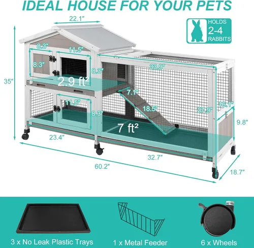 Vista 2 de Ketive - Conejera de 2 niveles con ruedas, jaula para animales pequeños para interiores y exteriores