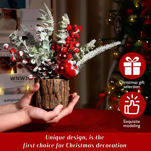 Vista 2 de Pequeño árbol de Navidad de mesa artificial, mini decoraciones de árbol de Navidad con adornos navideños, bayas rojas, piñas, vegetación para hogar