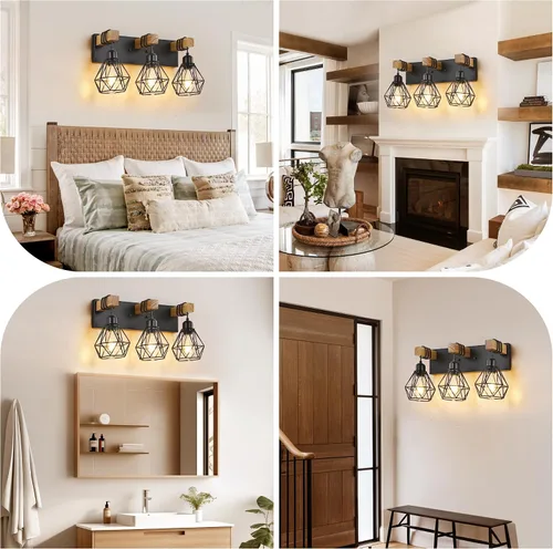Vista 8 de VbiTmn - Lámpara de baño de oro negro, 2 luces para tocador de casa de campo