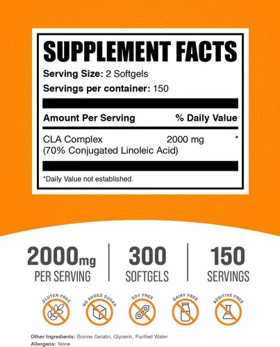 Vista 2 de BulkSupplements. Com cápsulas blandas de ácido linoleico conjugadas - suplementos de CLA, CLA 2000 mg, CLA Cápsula de cártamo, píldoras CLA - 2