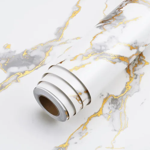 LACHEERY Papel tapiz grueso de mármol blanco para despegar y pegar, papel tapiz blanco y dorado para cocina, papel de pared para encimera, papel de