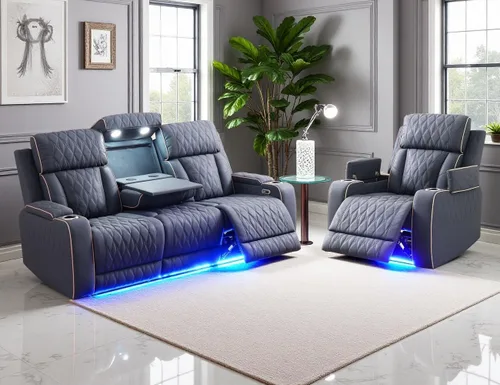 Vista 45 de Juego de sofá reclinable eléctrico de cuero con LED, juegos de muebles de sala de estar, 2 piezas sofás reclinables, juego de sofá reclinable