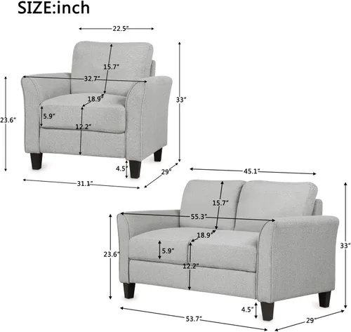 Vista 7 de Evedy Moderno juego de 2 piezas con reposabrazos sofá biplaza individual para sala de estar adecuado para dormitorio sala de estar gris claro