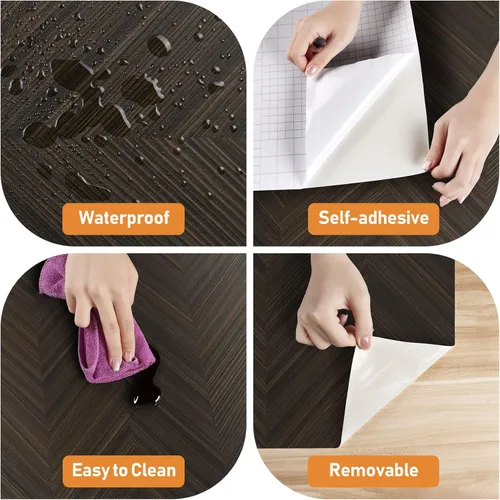 Vista 8 de Wallercity Papel tapiz de madera marrón para despegar y pegar, papel tapiz moderno de espiga marrón para pared de dormitorio, autoadhesivo, papel