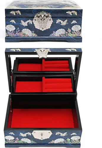 Vista 3 de MADDesign Mother of Pearl Joyero Bandeja Anillo Tapa Espejo 2 Nivel Pavo Real Azul