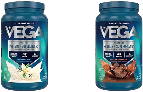 Vega Paquete de proteínas y verduras, chocolate + vainilla (25 porciones cada uno), proteína en polvo a base de plantas, apta para dieta cetogénica,